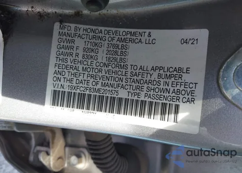 2021 Honda Civic Sport z USA, uszkodzony, nr VIN 19XFC2F83ME201575